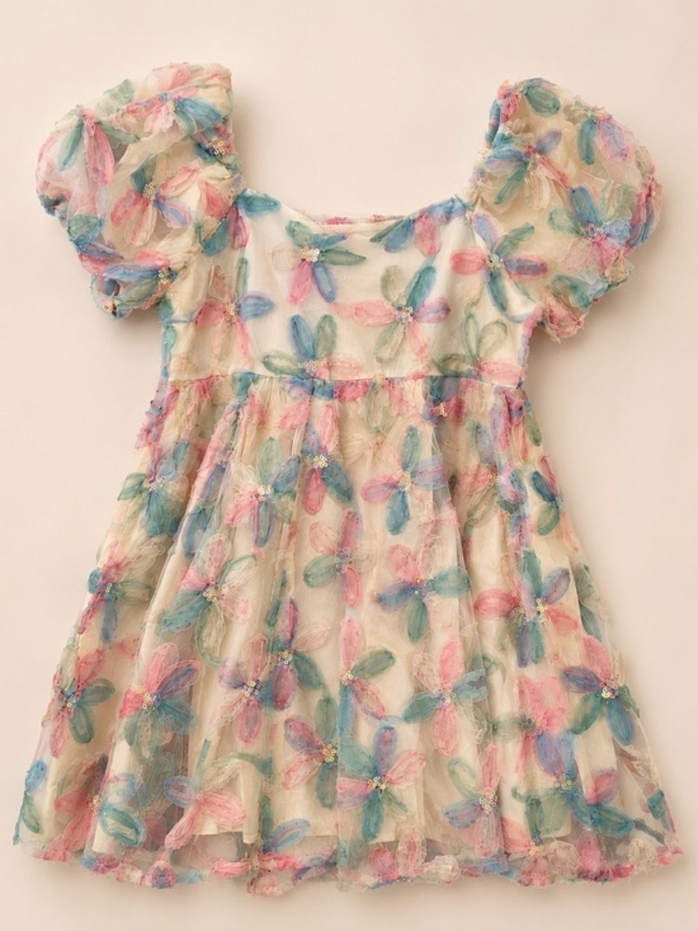 Romantic Pastel Floral Appliqué Puff Sleeve Mini Dress Sequins NWT M #2339-40